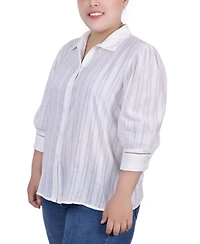 Ny Collection Plus 3/4 Puff Sleeve Cotton Jacquard Blouse