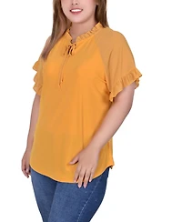 Ny Collection Plus Short Ruffled Sleeve Crepe Knit Top with Chiffon Sleeves