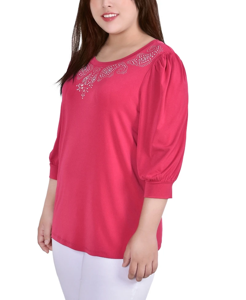 Ny Collection Plus 3/4 Sleeve Stone Detail Top