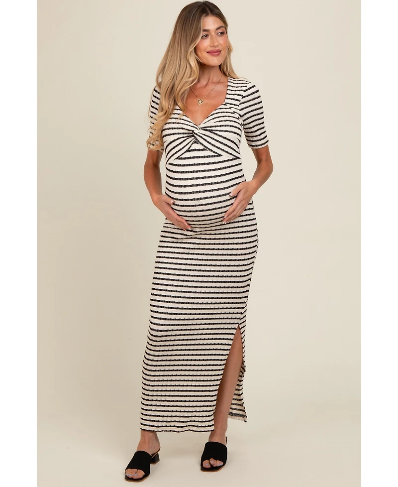 Pinkblush Ivory Black Striped Knit Short Sleeve Maternity Maxi Dress