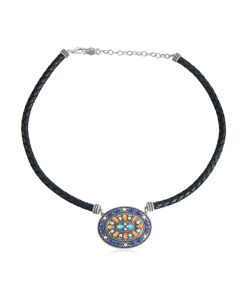 American West Jewelry Sterling Silver Multi-Gemstone Oval Pendant Black Leather Necklace, 17 to 20 Inches