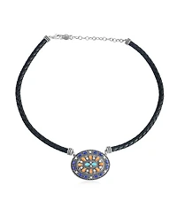 American West Jewelry Sterling Silver Multi-Gemstone Oval Pendant Black Leather Necklace, 17 to 20 Inches