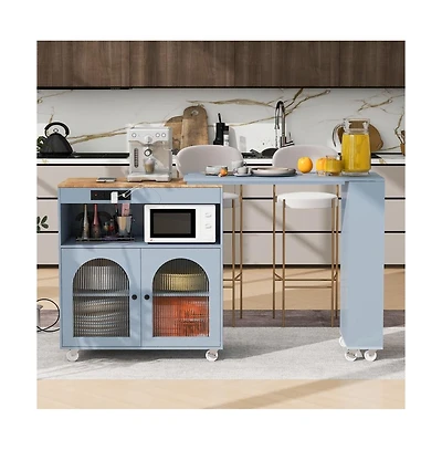 Maison Boucle Rolling Kitchen Island with Extendable Table, Led Lights, Outlet, Fluted Glass Doors & Shelves-Maison