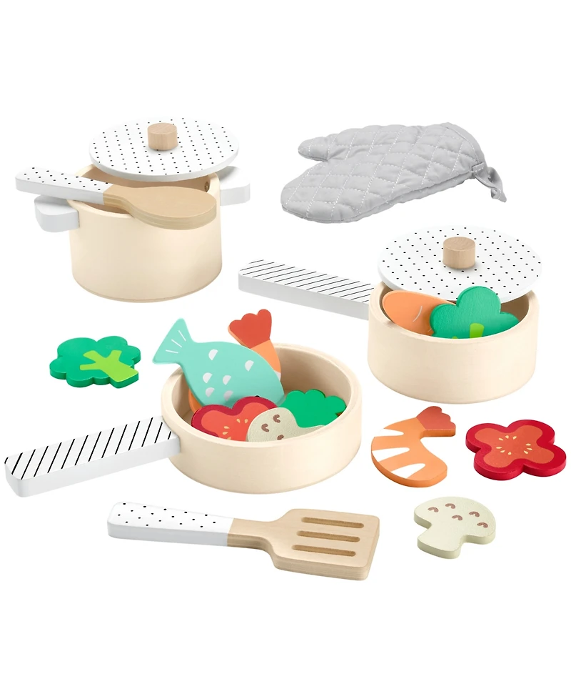 Fisher Price Wooden Pots and Pans Kitchen Set , 19 Wood Pieces