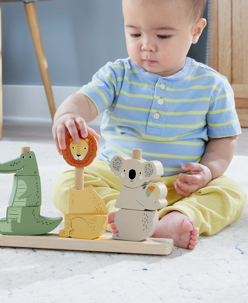 Fisher Price Wooden Stack and Sort Animals Baby and Toddler Toy, 10 Wood Pieces