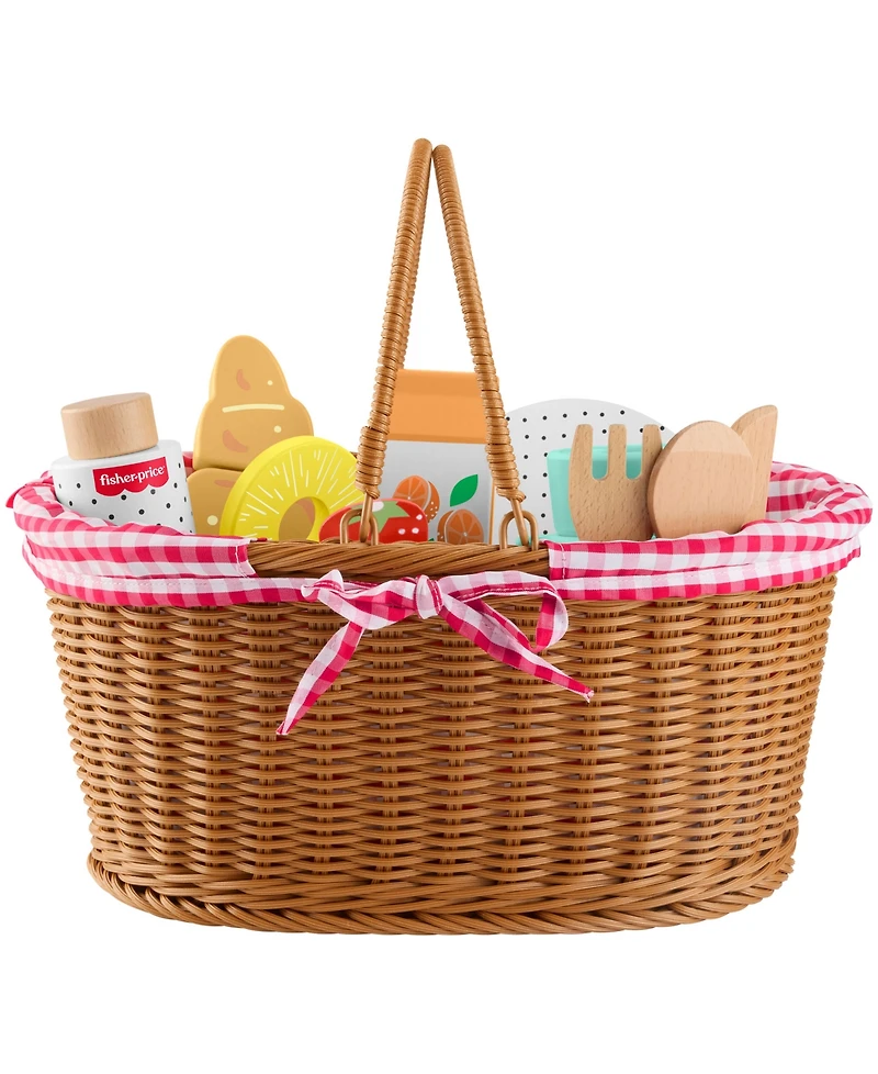 Fisher Price Wooden Picnic Basket and Food Pretend Play Set, 31 Wood Pieces