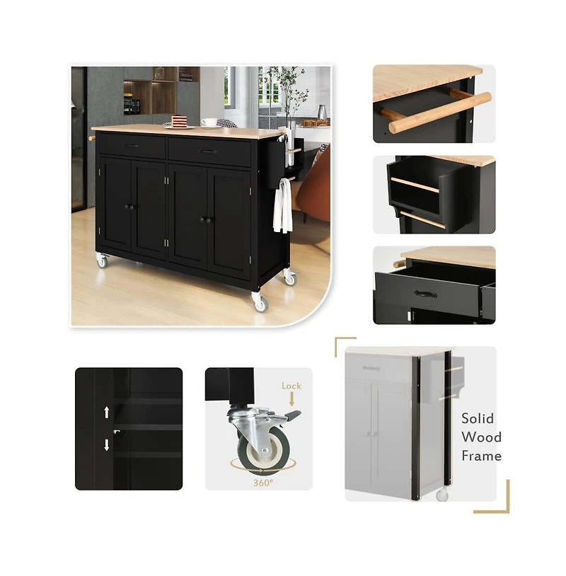 54.3" Kitchen Island Cart, Storage Cabinet with Solid Wood Top, 4-Door Cabinet, 2 Drawers & Locking Wheels-Maison Boucle