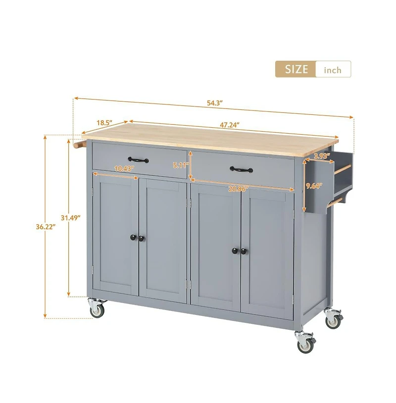 54.3" Kitchen Island Cart, Kitchen Storage Cabinet with Solid Wood Top, 4-Door Cabinet, 2 Drawers & Locking Wheels-Maison Boucle