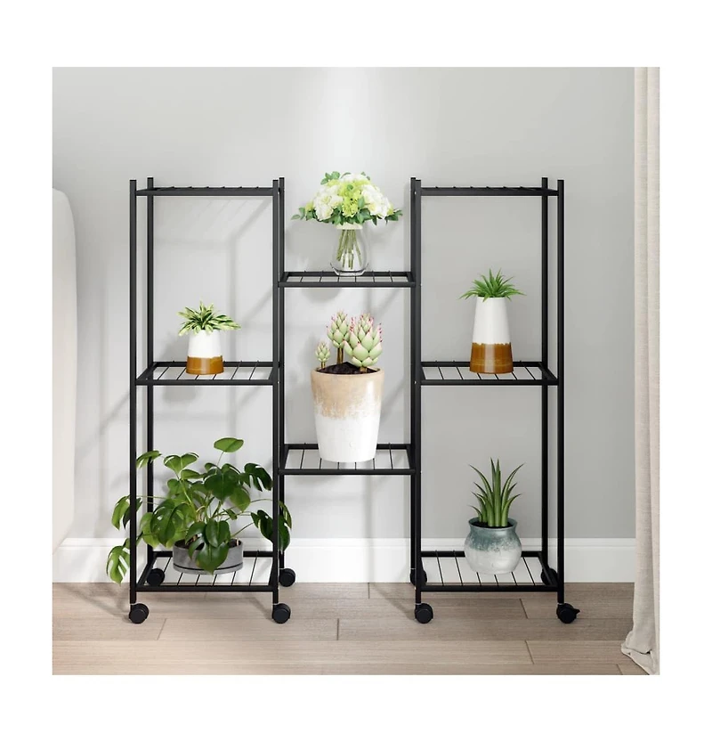 vidaXLFlower Stand Black Powder-Coated Iron Tall Rollable
