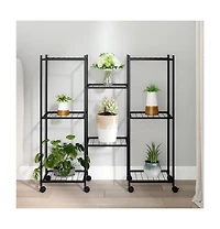 vidaXLFlower Stand Black Powder-Coated Iron Tall Rollable