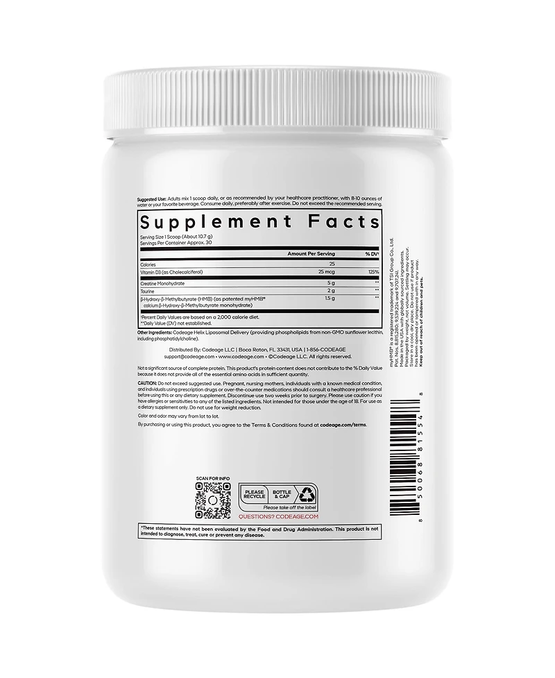 Codeage Creatine Hmb+ Powder - Creatine Monohydrate, Taurine, myHMB Supplement, Vitamin D3 - Sports Support Supplement - Unflavored