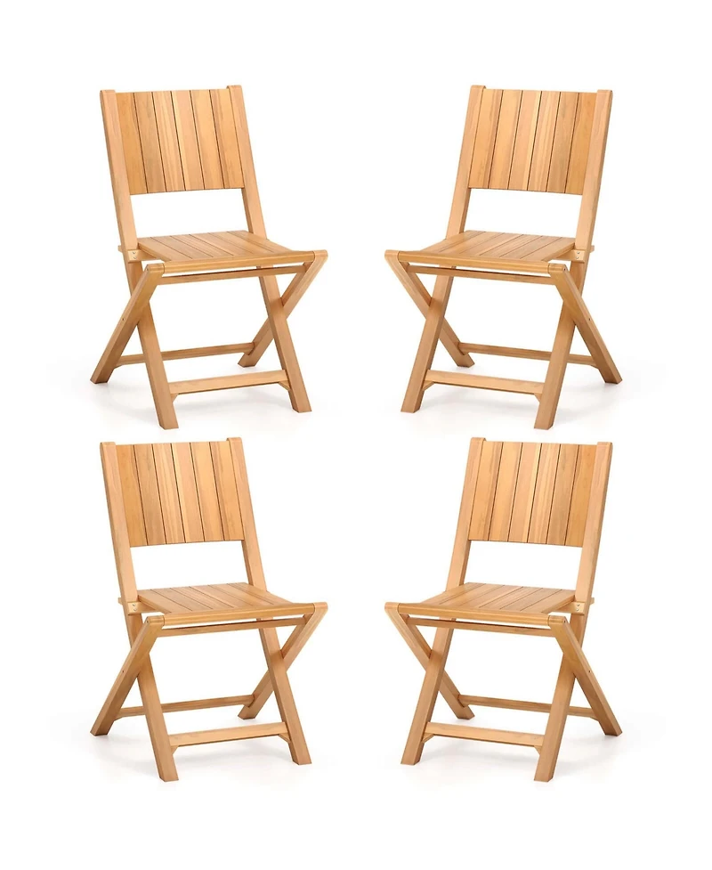 Costway 4 Pcs Folding Patio Chairs with Inclined Backrest Teak Wood Outdoor Dining Chairs