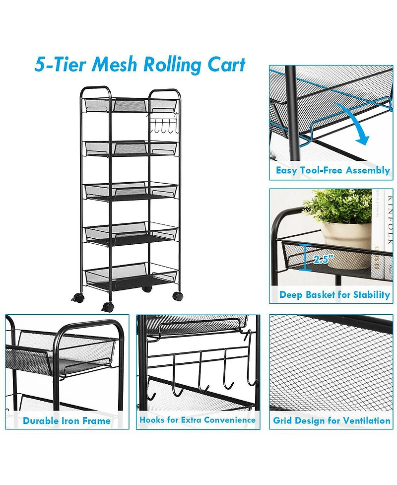 Costway 5 Tier Storage Rack Trolley Cart Home Kitchen Organizer Utility Baskets