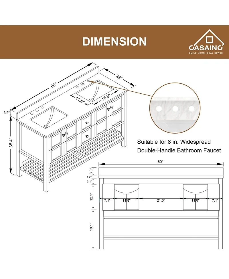 Casainc 60-Inch Solid Wood Bathroom Vanity with Matching Top and Ceramic Basin