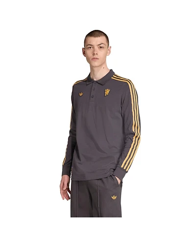 Adidas Men's Gray Manchester United Terrace Icons Long Sleeve Polo Shirt