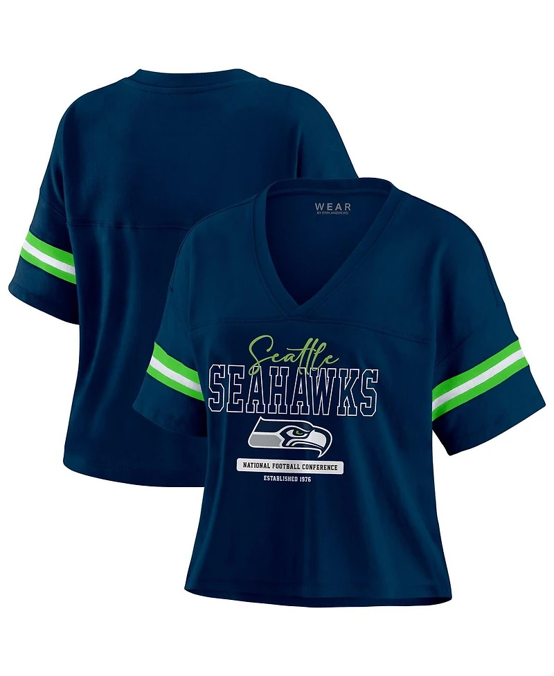 Wear by Erin Andrews Women's Navy Seattle Seahawks Color Block Boxy Modest Crop V-Neck T-Shirt