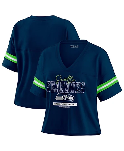 Wear by Erin Andrews Women's Navy Seattle Seahawks Color Block Boxy Modest Crop V-Neck T-Shirt