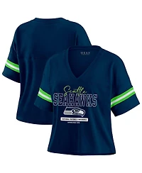 Wear by Erin Andrews Women's Navy Seattle Seahawks Color Block Boxy Modest Crop V-Neck T-Shirt
