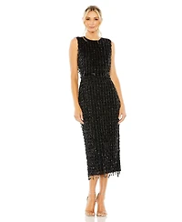 Mac Duggal Women's Sleeveless High Neck Beaded Midi Sheath Dress