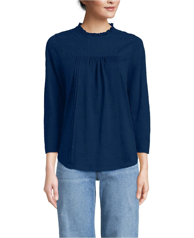 Lands' End Women's Petite 3/4 Sleeve Cotton Slub Lace Trim Top