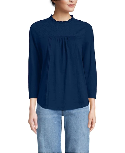 Lands' End Women's Petite 3/4 Sleeve Cotton Slub Lace Trim Top