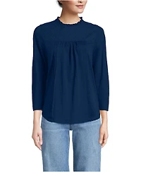 Lands' End Women's Petite 3/4 Sleeve Cotton Slub Lace Trim Top