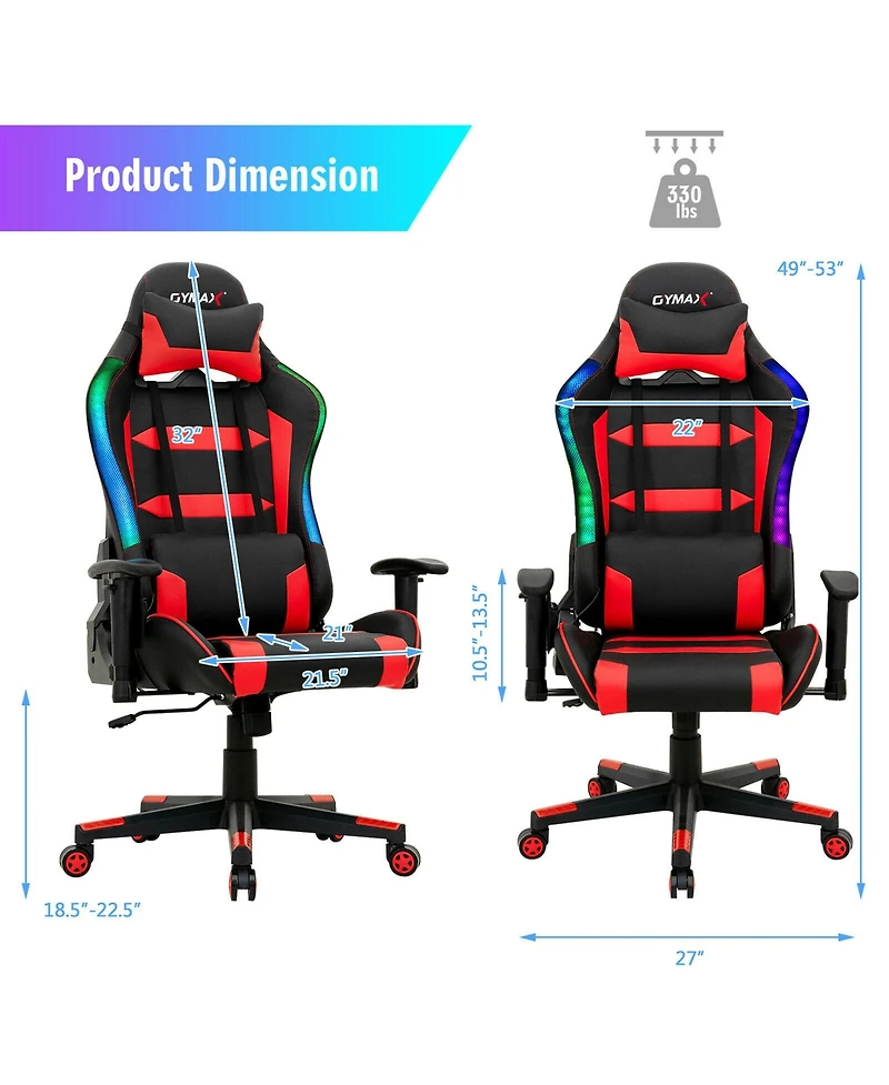 Gymax Gaming Chair Adjustable Swivel Computer Chair w/ Led Lights & Remote
