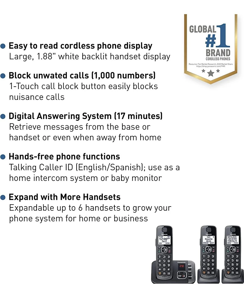Panasonic Dect 6.0 Expandable Cordless Phone System with Answering Machine and Call Blocking - 3 Handsets - Metallic Black