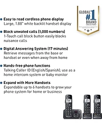Panasonic Dect 6.0 Expandable Cordless Phone System with Answering Machine and Call Blocking - 3 Handsets - Metallic Black