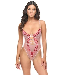 Oh La Cheri Women's Sweety Sheer Heart Embroidered Teddy