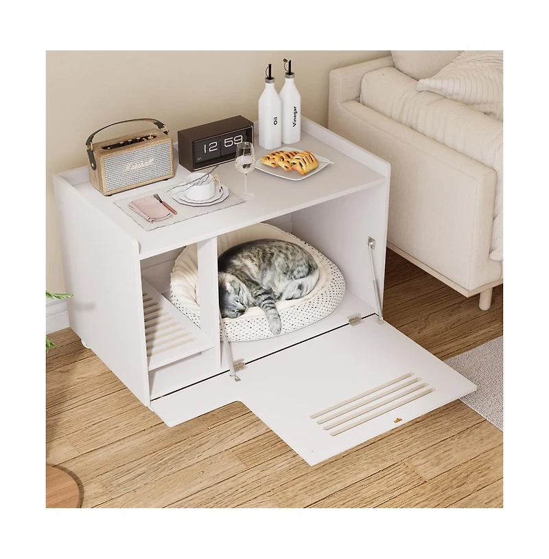 Zeus & Ruta White Hidden Litter Box Cabinet with Storage Bench