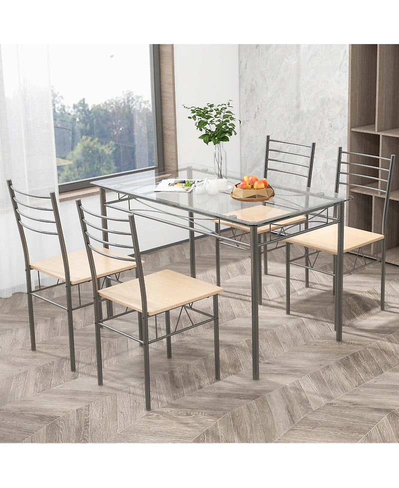 Costway 5 Piece Dining Set Table and 4 Chairs Glass Top Kitchen Breakfast Furniture