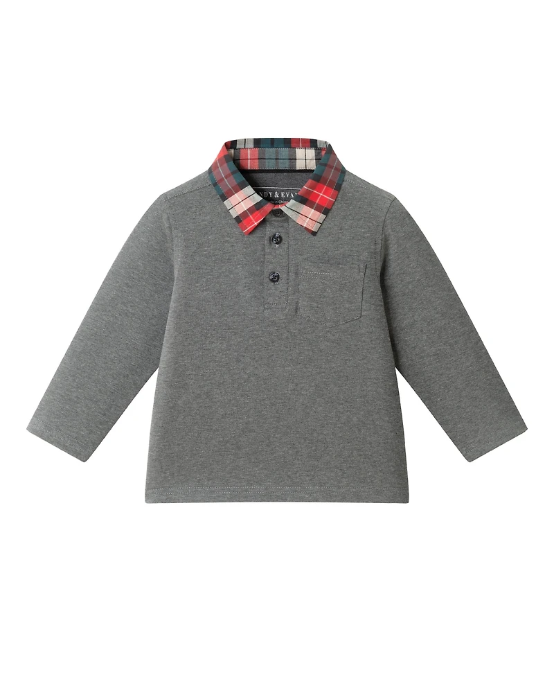 Andy & Evan Baby Boys Grey Polo w/Plaid Collar Twill Pull On Pant