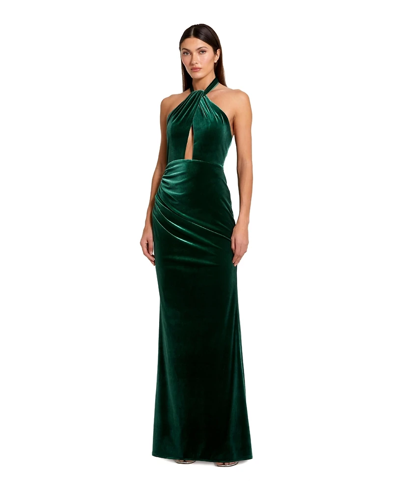 Mac Duggal Women's Twist Neck Open Front Velvet Draped Gown
