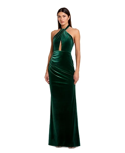 Mac Duggal Women's Twist Neck Open Front Velvet Draped Gown