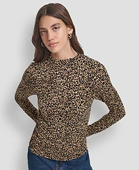 Dkny Jeans Women's Side Ruched High Neck Long Sleeve Top With Rhinestud Logo