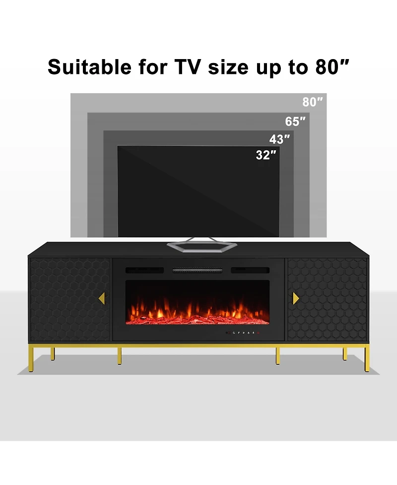 70 inches Mdf Tv Stand with 36 Fireplace and Storage Cabinets
