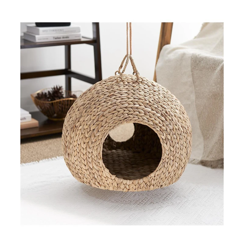 Zeus & Ruta Woven Wicker Round Cat Bed Cave with Handles 18"x18"x18"