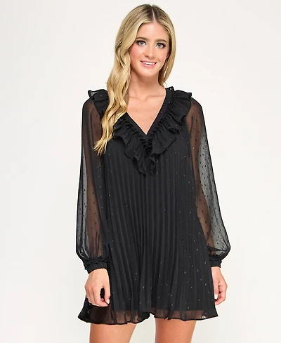 City Studios Juniors' Pleated Clip Dot Long Sleeve Dress