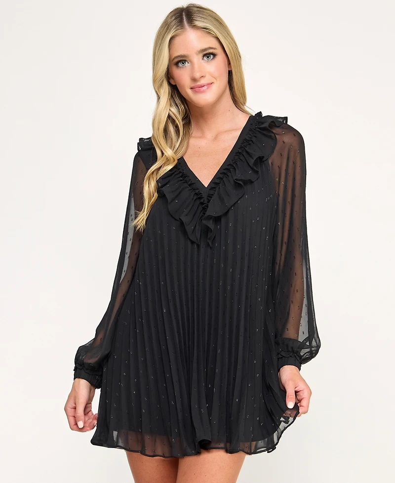 City Studios Juniors' Pleated Clip Dot Long Sleeve Dress