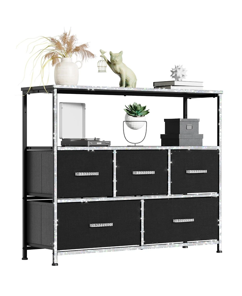 Mr Ironstone Dresser Tv Stand, Entertainment Center with 5 Fabric Drawers, Media Console Table for Tv with Open Storage Shelf Dresser for Bedroom/Livi