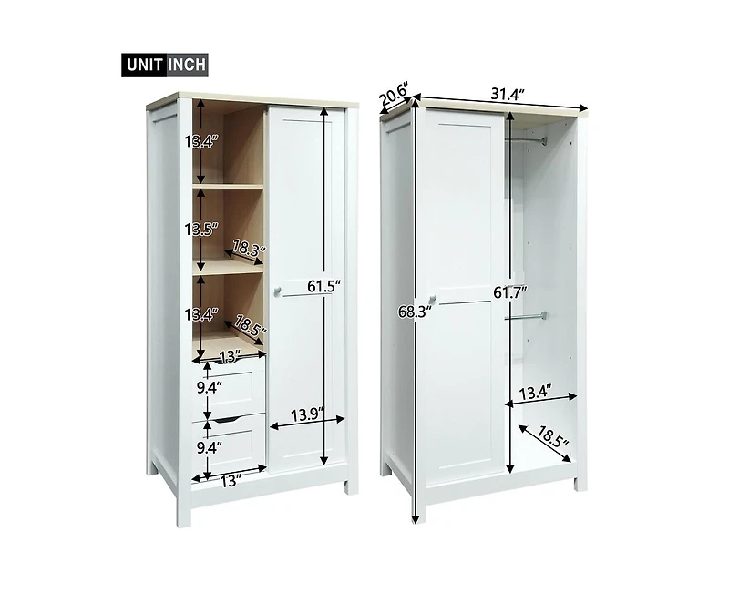 Casainc Storage Wardrobe Cabinet with Hanging Rods and 2 Drawers and Open Shelves Sliding Door