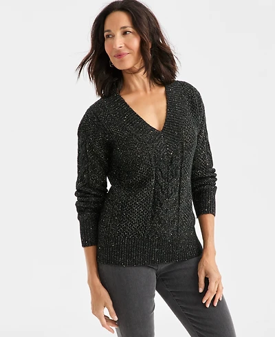 Style & Co Women's Sequin V-Neck Cable-Knit Pullover Sweater, Macy's Exclusive