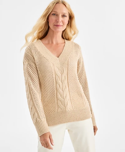 Style & Co Women's Sequin V-Neck Cable-Knit Pullover Sweater, Macy's Exclusive