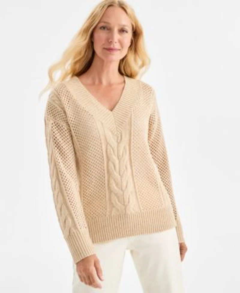 Style Co Womens Sequin V Neck Cable Knit Pullover Sweater Macys Exclusive