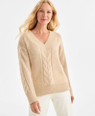 Style Co Womens Sequin V Neck Cable Knit Pullover Sweater Macys Exclusive