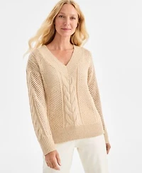 Style Co Womens Sequin V Neck Cable Knit Pullover Sweater Macys Exclusive