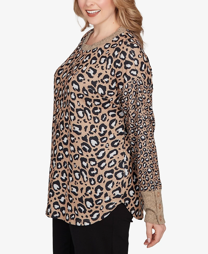 Ruby Rd. Plus Sweater Trimmed Cozy Animal Print Top