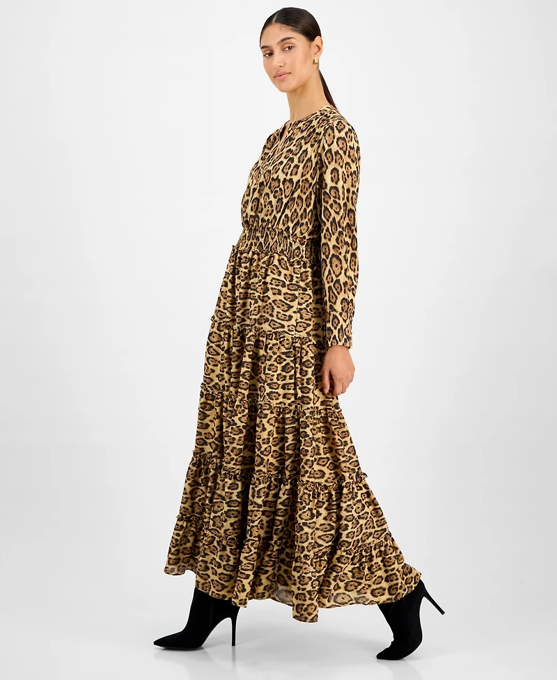 T Tahari Women's Animal-Print Split-Neck Maxi Dress