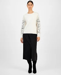 T Tahari Women's Embroidered-Sleeve Crewneck Sweater